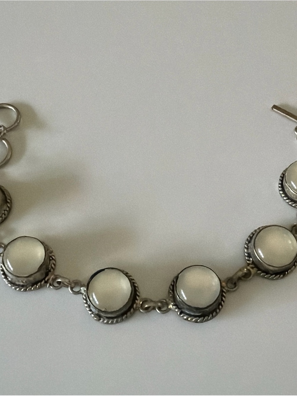 Vintage 925 Sterling Silver Round White Cabochon Link Bracelet Toggle Clasp